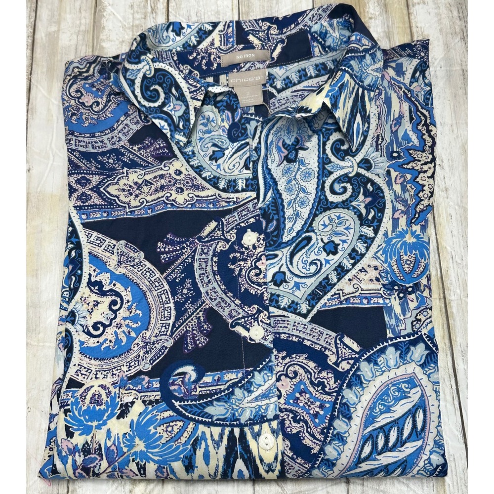 Chicos No‎ Iron blue paisley  3/4 Sleeve Button Down Shirt Size 2(U.S. 12-14)